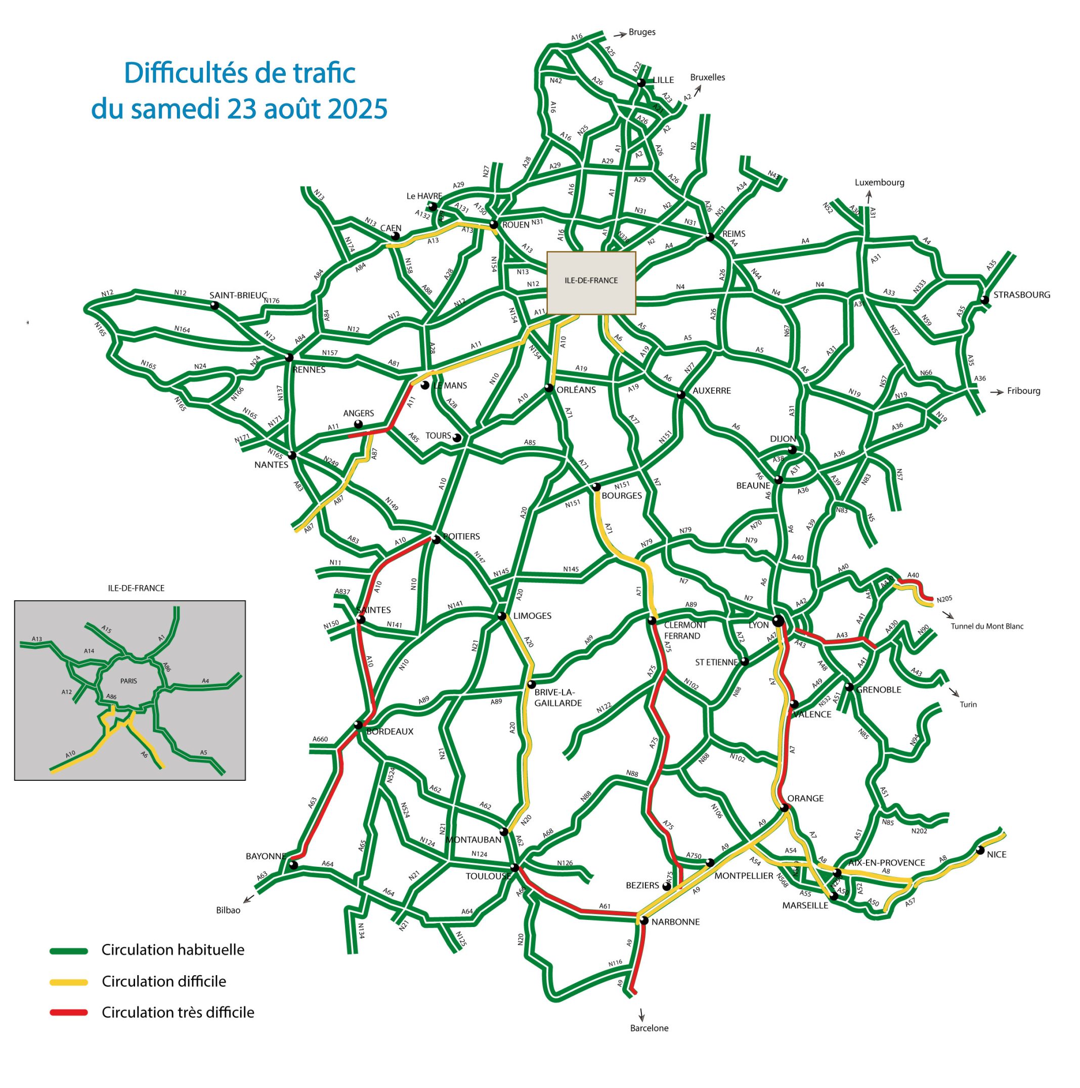 Prévisions de Trafic Bison Futé pour le 23 Août 2025