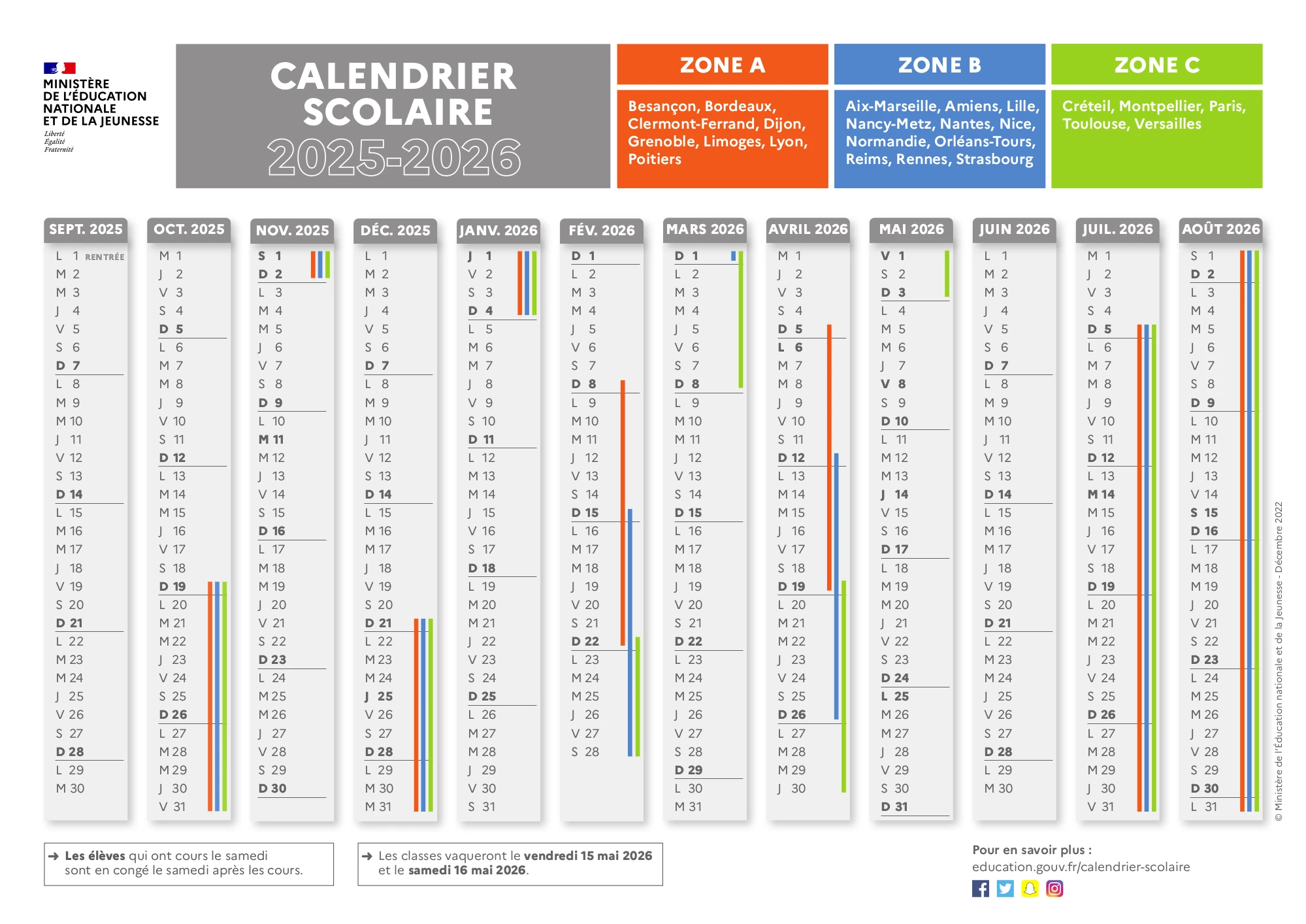 Calendrier des Vacances Scolaires 2026 en France
