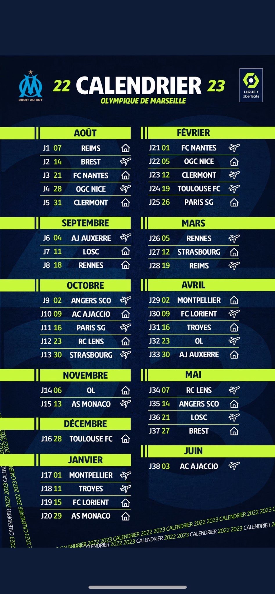 Calendrier de l&rsquo;OM pour la Saison 2023-2024